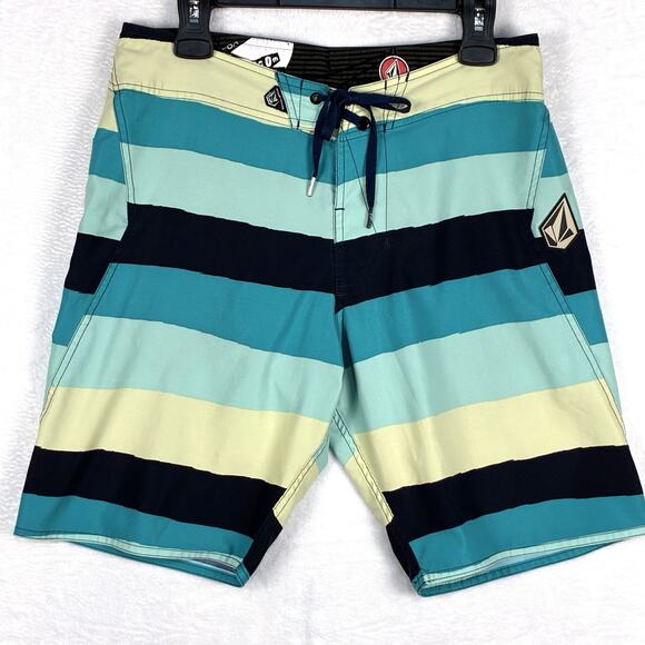 VTG Volcom Mens 31 Y2K Blue Striped V2S 2-Way Stretch Board Shorts Swim Trunks - Picture 1 of 8